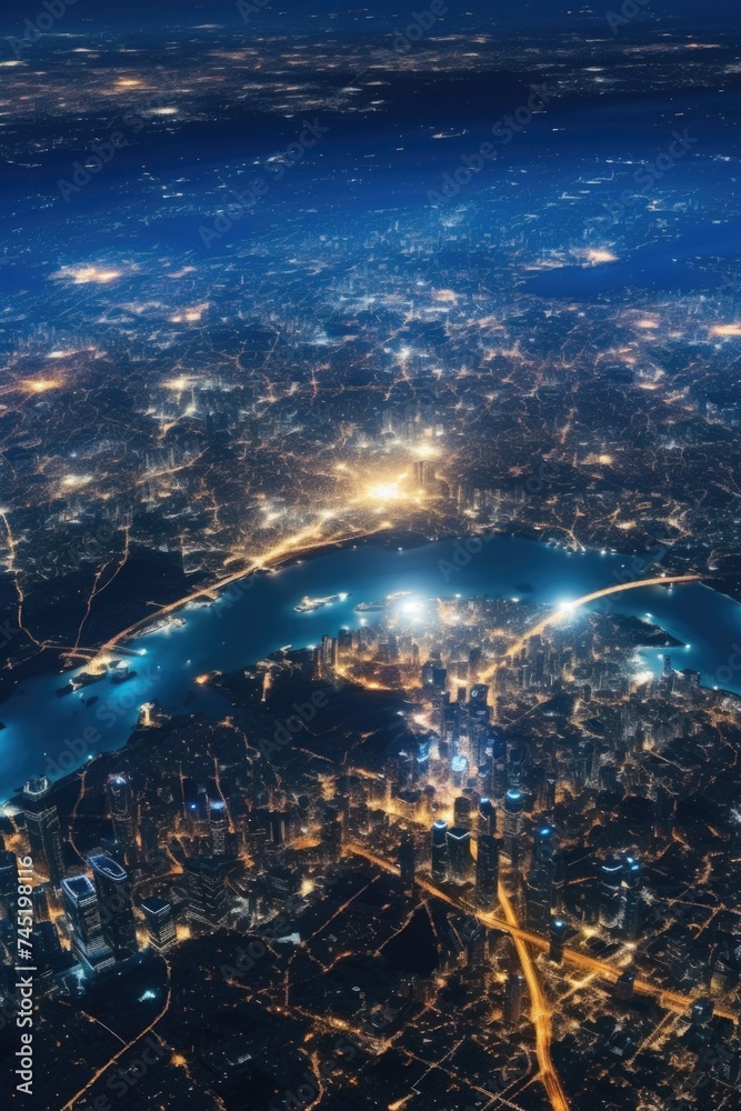A stunning aerial view of a city at night. Perfect for urban landscape projects
