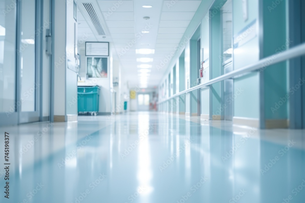 A hospital hallway with blue walls and white floors. Perfect for medical and healthcare concepts