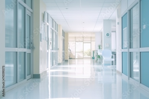 A hospital hallway with a clock on the wall. Suitable for medical concepts