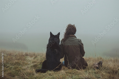 Person and black dog sitting side by side in misty field. Friendship and solitude theme for design and print