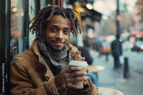 Stylish Young Man Sipping Coffee with a Smile at an Outdoor Cafe Table