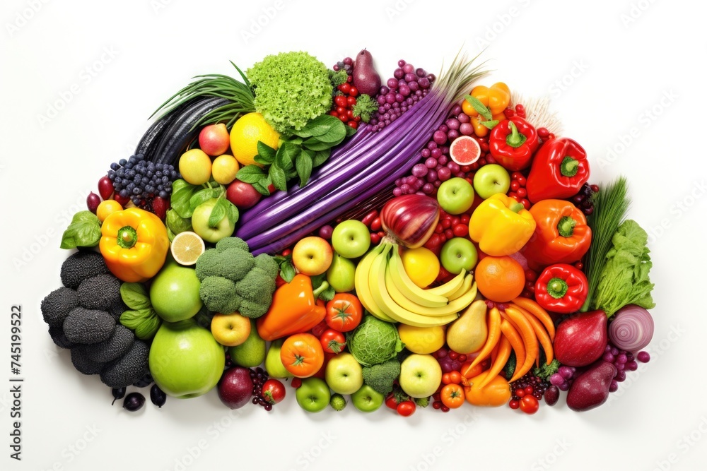 Various fresh fruits and vegetables neatly organized in a square pattern. Ideal for healthy eating concept