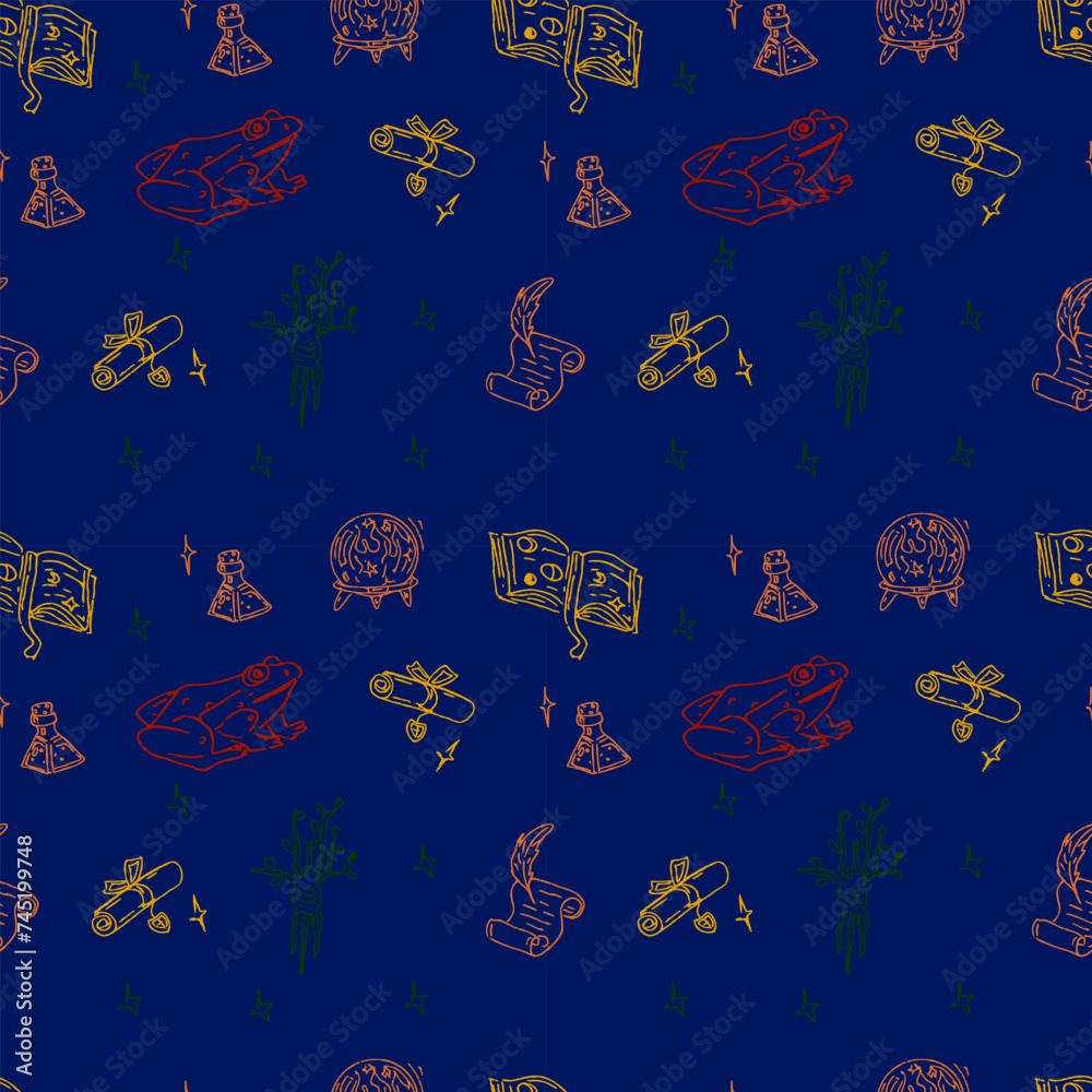 Magic items seamless pattern in hand draw style on blue background. School of witchcraft. Mandrake, poison, spell book, scroll, frog.