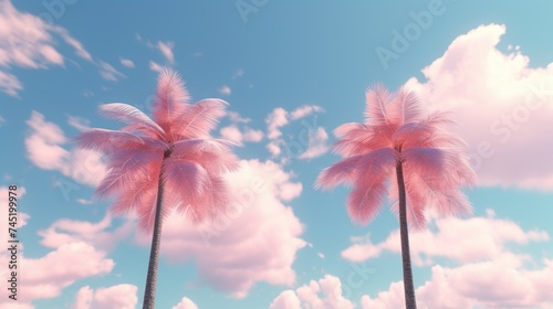 Two palm trees with pink feathers against a blue sky. Perfect for tropical themed designs