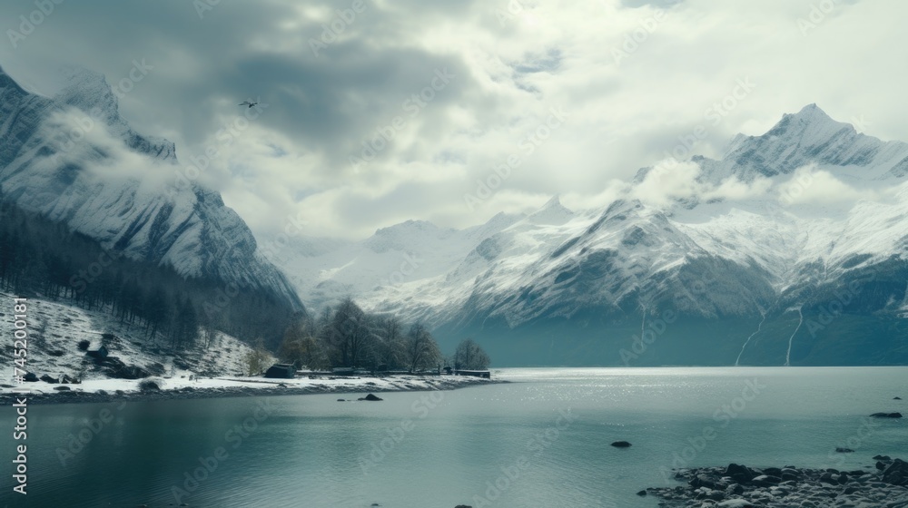 Scenic view of a snow-covered mountain range reflecting in a tranquil lake. Ideal for travel and nature concepts Scenic view of a snow-covered mountain range reflecting in a tranquil lake. Ideal for travel and nature concepts