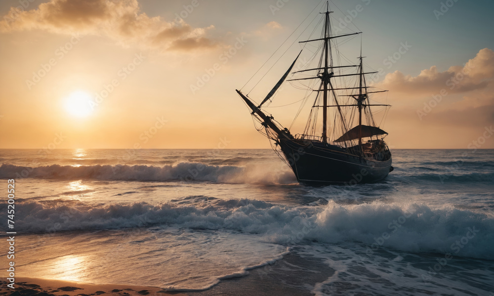 Obraz premium wooden sailboat at sunset near the shore