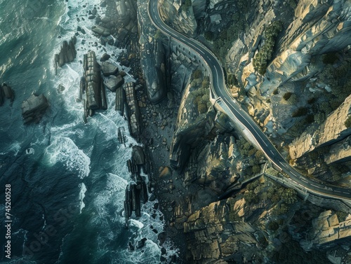 Aerial Perspective of a Sinuous Road Tracing the Contours of a Rugged Coastline on Oahu Island, Hawaii © bomoge.pl