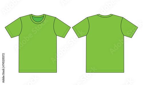 Blank Green Short Sleeve T-Shirt Template on White Background.Front and Back View, Vector File