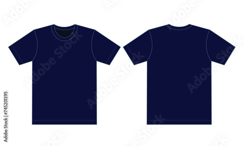 Blank Navy Blue Short Sleeve T-Shirt Template on White Background.Front and Back View, Vector File