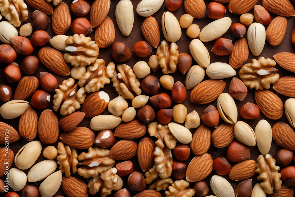 Top View Assorted Nuts, Pistachios, Walnuts, Almonds Top View Assorted Nuts, Pistachios, Walnuts, Almonds