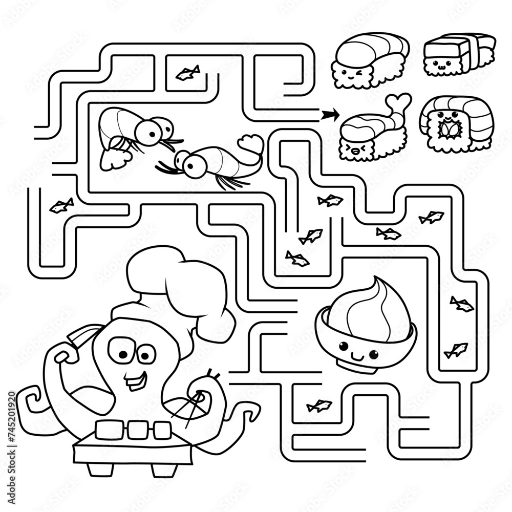 Puzzle for children. Labyrinth. You need to find the octopus's path to the sushi. Coloring book for children Puzzle for children. Labyrinth. You need to find the octopus's path to the sushi. Coloring book for children