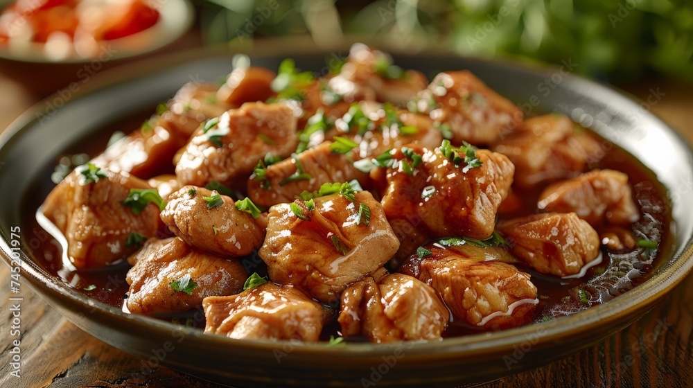 a Filipino adobo dish, chicken or pork in a savory soy sauce marinade, authentic style a Filipino adobo dish, chicken or pork in a savory soy sauce marinade, authentic style