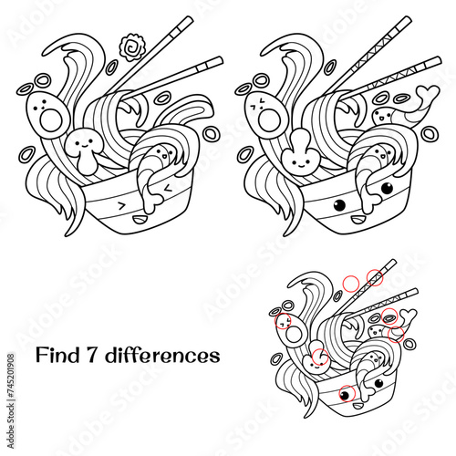 Chinese wok noodles in a plate with chopsticks. Find 7 differences. Tasks for children. Vector illustration