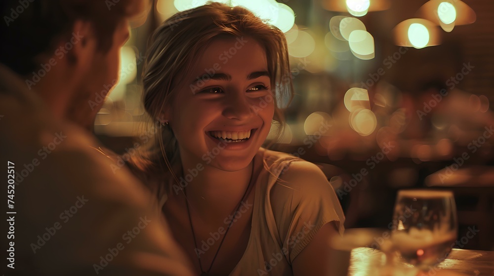 Smiling young woman enjoying conversation in a cozy cafe setting captured in warm tones. perfect for lifestyle use. lifestyle, candid, authentic moment. AI Smiling young woman enjoying conversation in a cozy cafe setting captured in warm tones. perfect for lifestyle use. lifestyle, candid, authentic moment. AI
