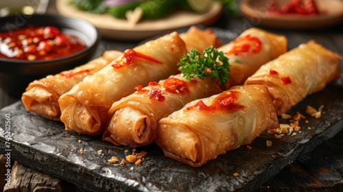 a Thai Spring Roll platter, crispy and golden with sweet chili sauce, appetizer dish photo