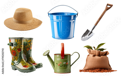 Essential Gardening Tools and Accessories Isolated on White Background