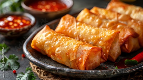 a Thai Spring Roll platter, crispy and golden with sweet chili sauce, appetizer dish