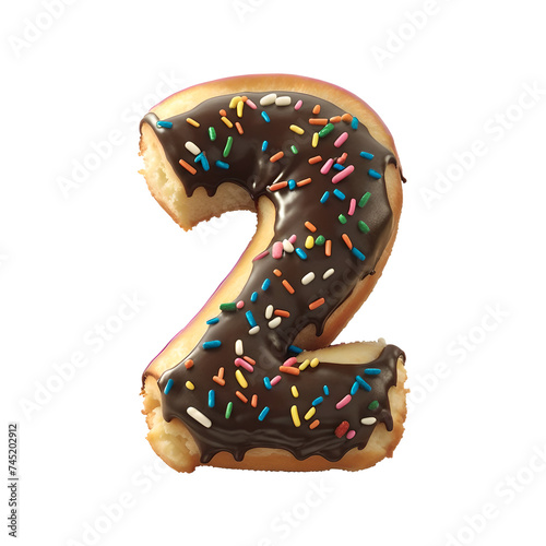 Number 2 made from donut on transparent background, PNG file. Generative AI