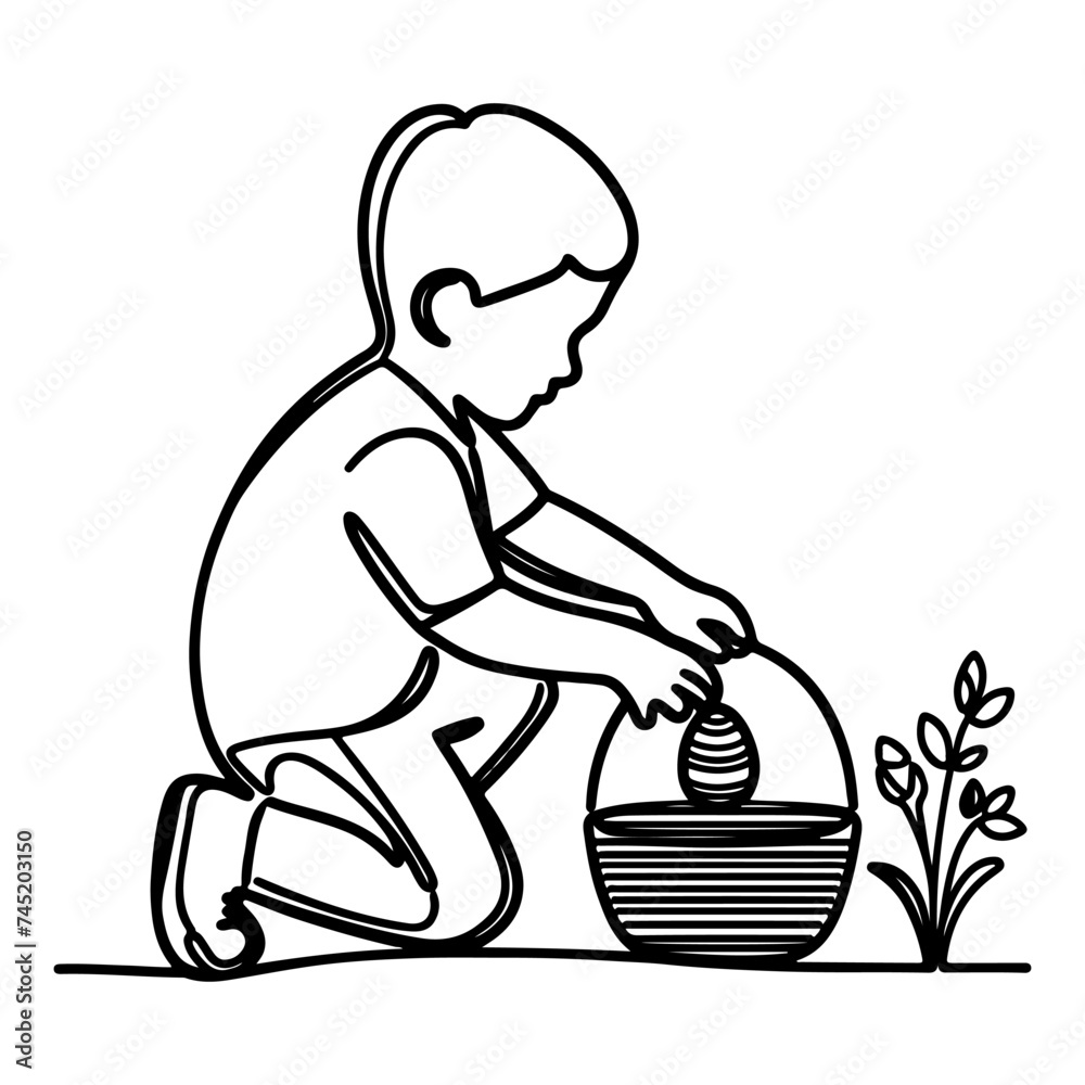 children find and pick up eggs hunt. Hand drawn bunny continuous black line drawing art. Kid carries basket easter egg doodle coloring vector illustration elements. children find and pick up eggs hunt. Hand drawn bunny continuous black line drawing art. Kid carries basket easter egg doodle coloring vector illustration elements.