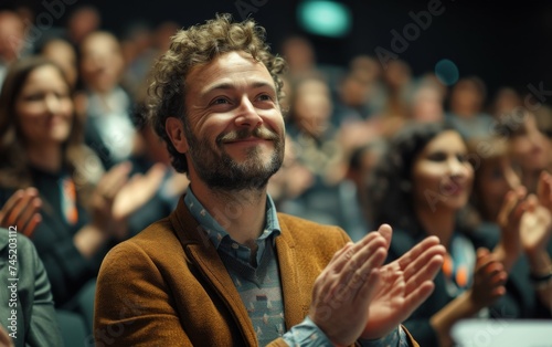A man of multiracial background is smiling and clapping enthusiastically in front of a diverse crowd of people