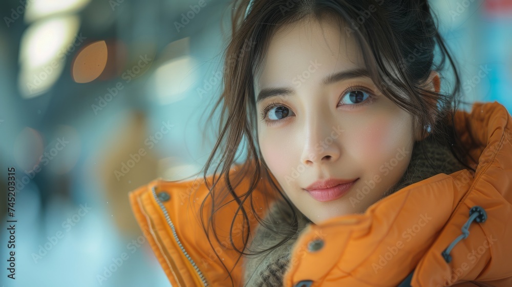 A multiracial woman wearing an orange jacket makes direct eye contact with the camera A multiracial woman wearing an orange jacket makes direct eye contact with the camera