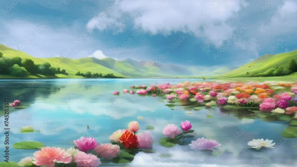 landscape with lake and flowers landscape with lake and flowers