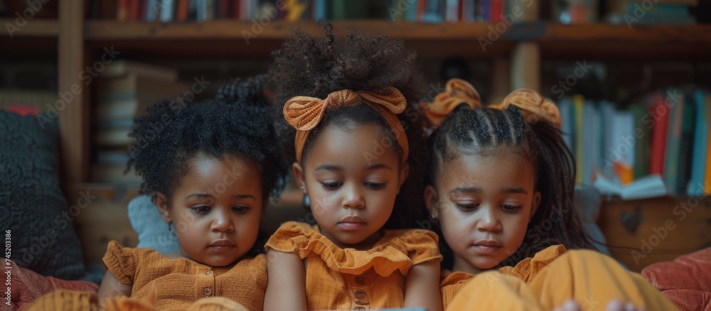 Three young girls of different ethnicities are seated on a bed, engrossed in content displayed on a tablet screen Three young girls of different ethnicities are seated on a bed, engrossed in content displayed on a tablet screen