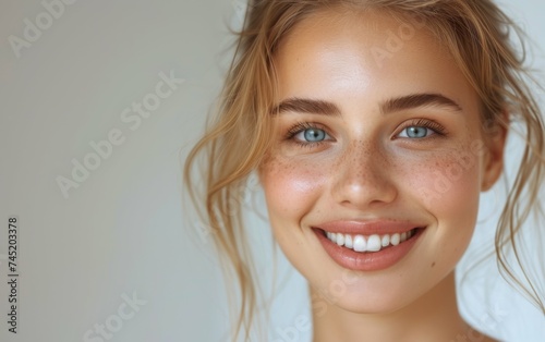 A close-up view of a multiracial woman with striking blue eyes