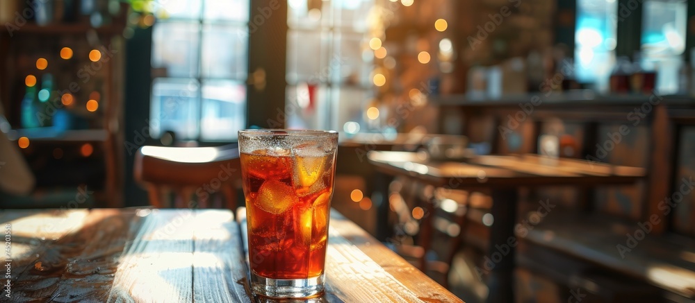 A glass of soda is placed on top of a wooden table, with condensation forming on the outer surface. The bubbly drink inside the glass reflects the surrounding light, creating an inviting scene.