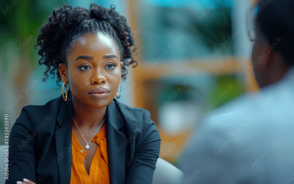A multiracial woman sitting at a table engaged in conversation with a man A multiracial woman sitting at a table engaged in conversation with a man