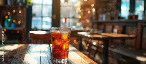 A glass of soda is placed on top of a wooden table  with condensation forming on the outer surface. The bubbly drink inside the glass reflects the surrounding light  creating an inviting scene.