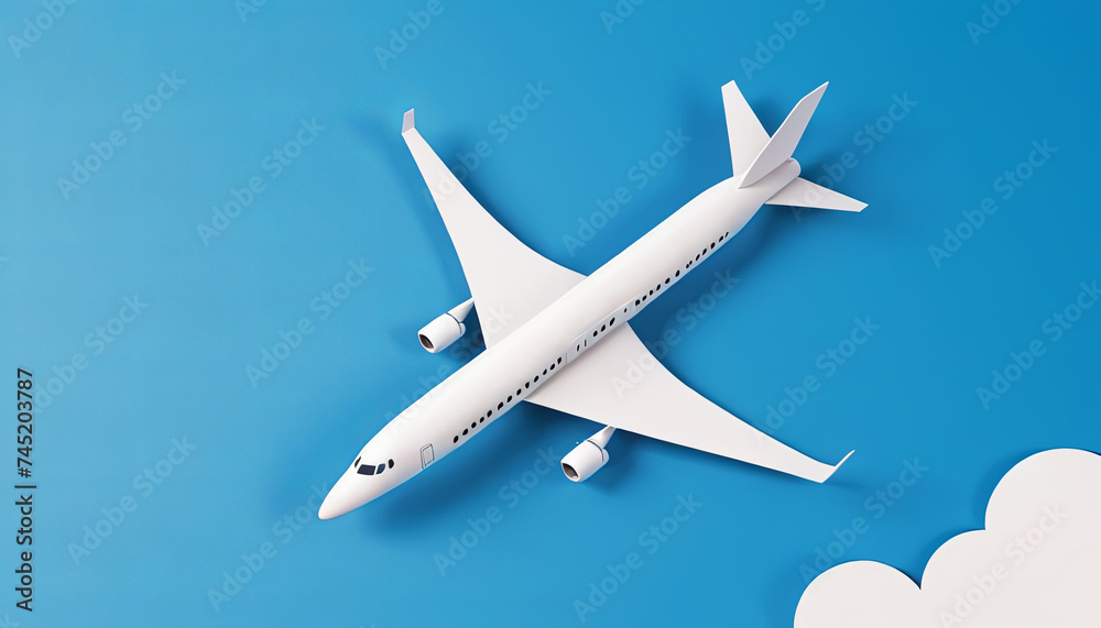 Illustration of a white commercial airplane on a blue background