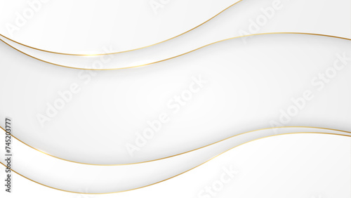 Abstract white luxury background with wavy paper and golden line, shadow and sparkling light. Elegant template design for banner, presentation, poster, card, vector illustration.