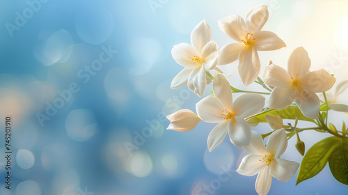Beautiful white jasmine flowers on sunny spring bokeh blue sky background with copy space for text. Floral design for spa, spring, beauty concept.