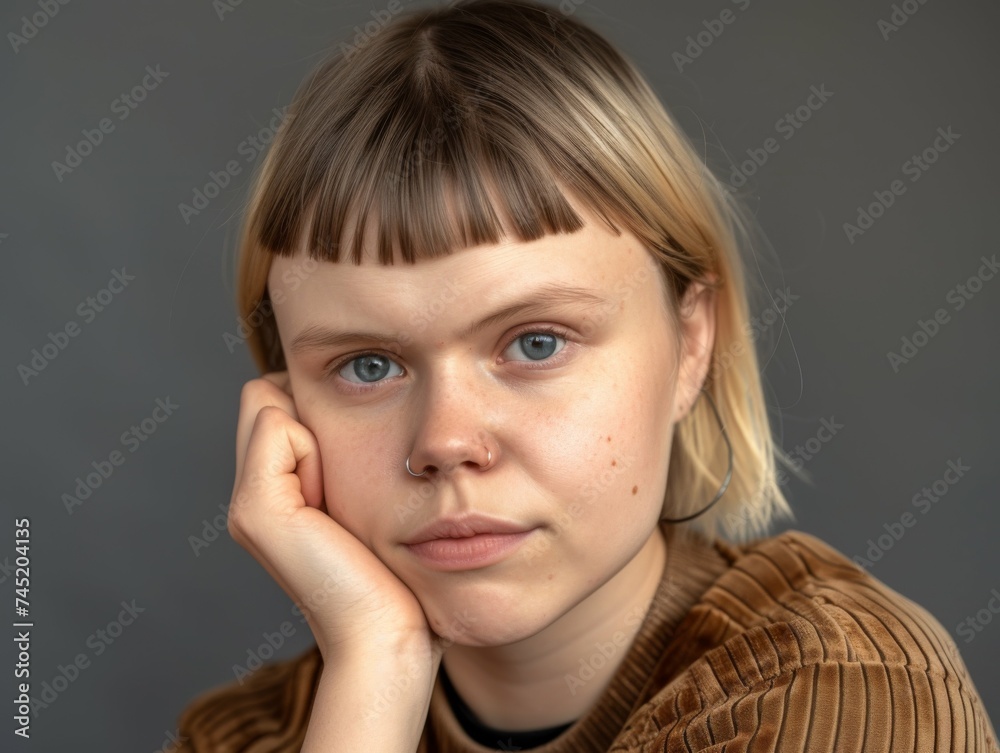 Close-up of a multiracial person with a serious look on their face Close-up of a multiracial person with a serious look on their face