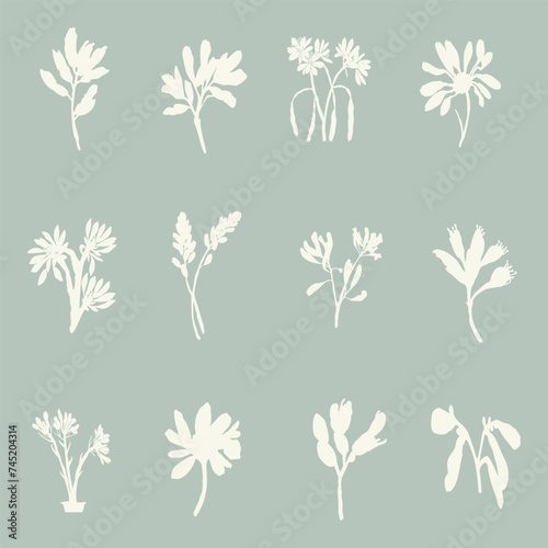 Handmade linocut sprig wildflower collection vector motif clipart in folkart scandi style. Simple monochrome block print shapes with woodcut white chic effect set.