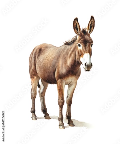 Watercolor illustration of a brown donkey isolated on white background.