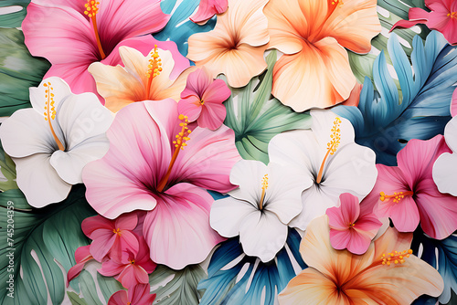 Watercolor tropical summer floral collage texture background