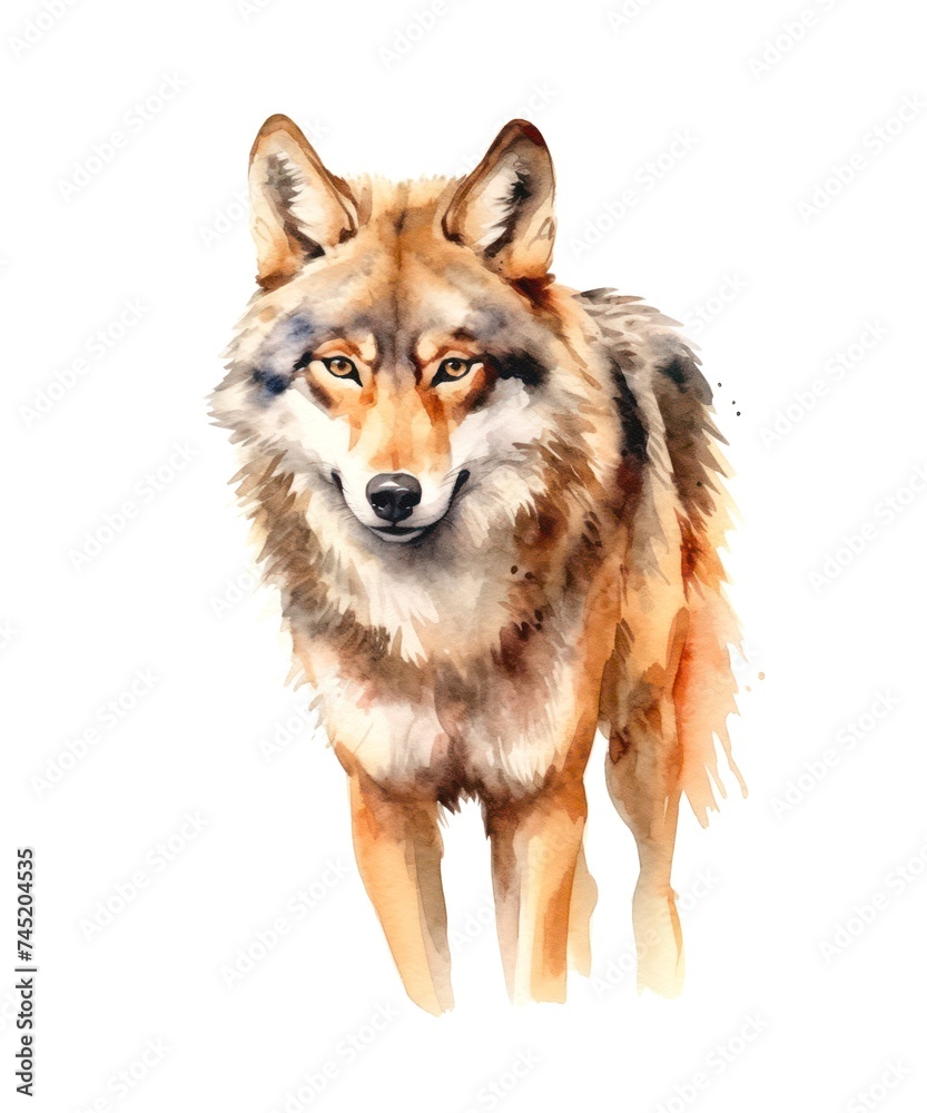 Watercolor illustration of a gray wolf isolated on white background.