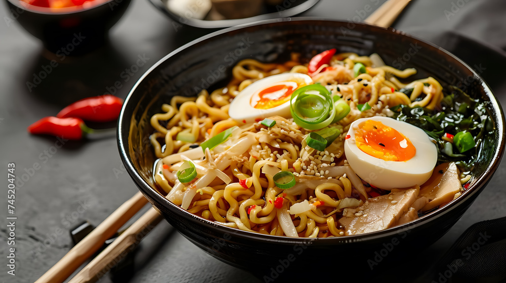 Hot Japanese ramen in a black bowl