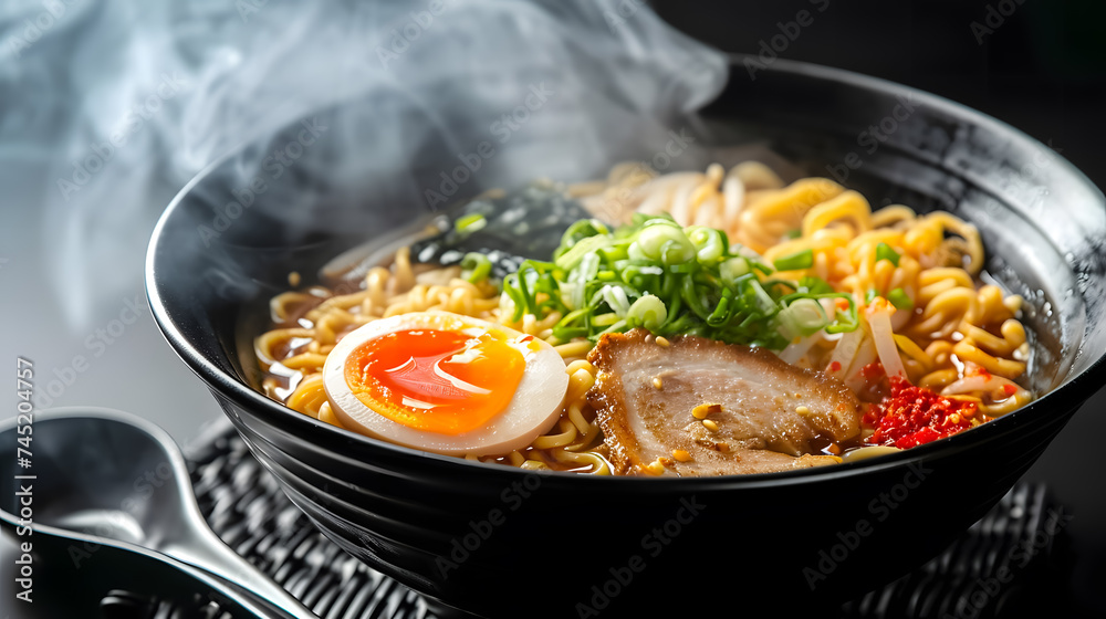 Hot Japanese ramen in a black bowl