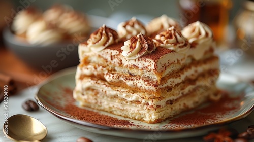 a Tiramisu dessert, layers of coffee-soaked ladyfingers and mascarpone, Italian cake elegance photo