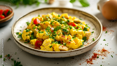 Scrambled eggs with vegetables on white plate