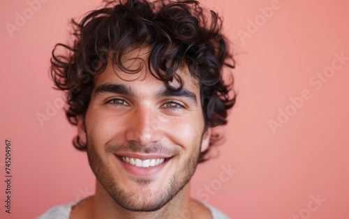 A multiracial man with curly hair is smiling directly at the camera