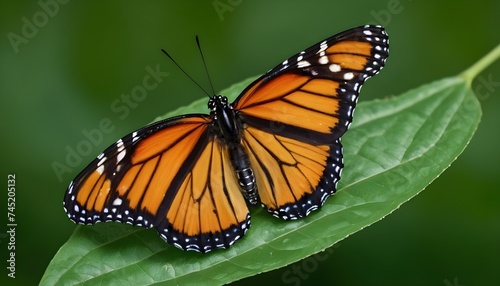 Monarch butterfly on green leaf
