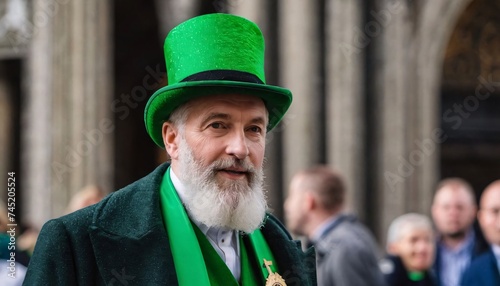 Elderly gray-bearded senior man with a positive expression in a green leprechaun costume with a top hat at a St. Patricks Day celebration outside