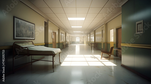 A long hospital corridor  with a counter and chairs. This scene comes to life with volumetric lighting and is rendered in the Unreal Engine  resulting in a visually stunning and immersive representati