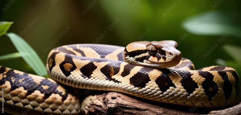 a close up of a snake on a branch with a plant in the backgrouf of the picture. a close up of a snake on a branch with a plant in the backgrouf of the picture.