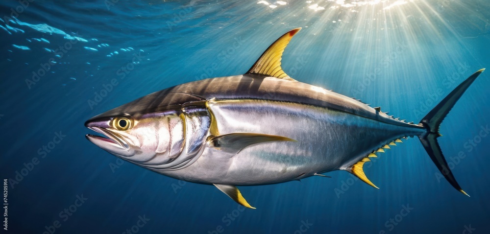 a large fish swimming in the ocean with sunlight shining on it's back and the front end of it's body. a large fish swimming in the ocean with sunlight shining on it's back and the front end of it's body.