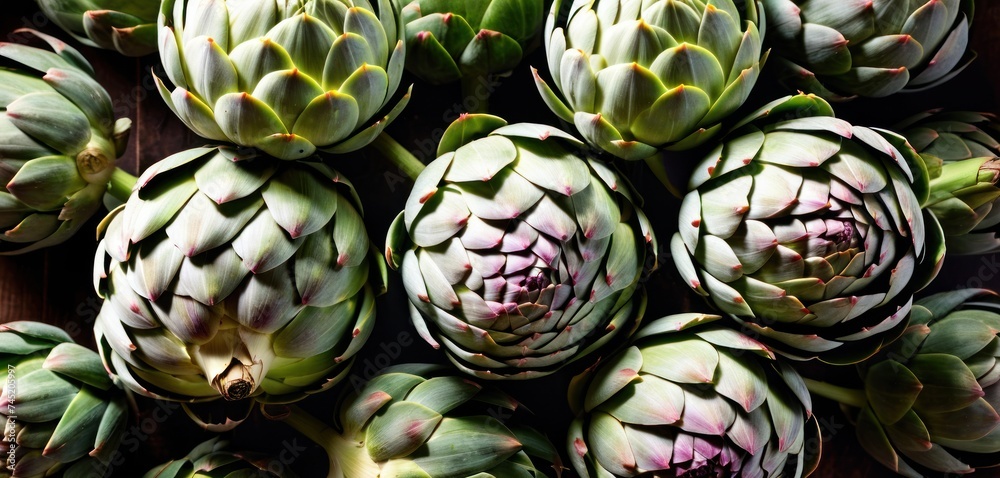 Obraz premium a bunch of artichokes sitting next to each other on top of a wooden table next to each other.